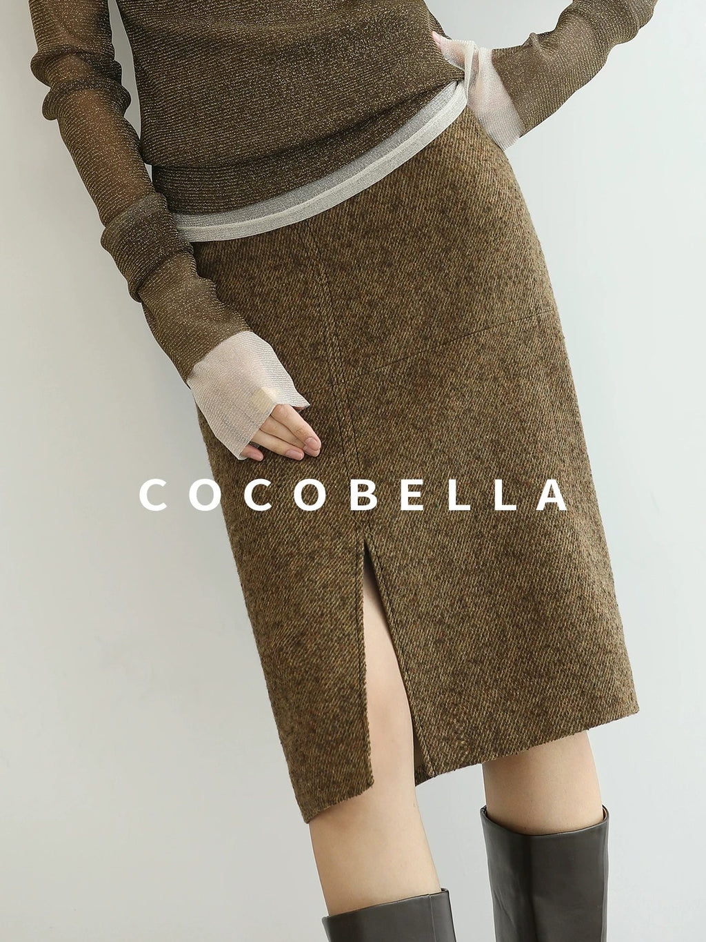 COCOBELLA Wool Blend Tailored Mid Rise Midi Straight H Line Front Slit Office Women Skirts