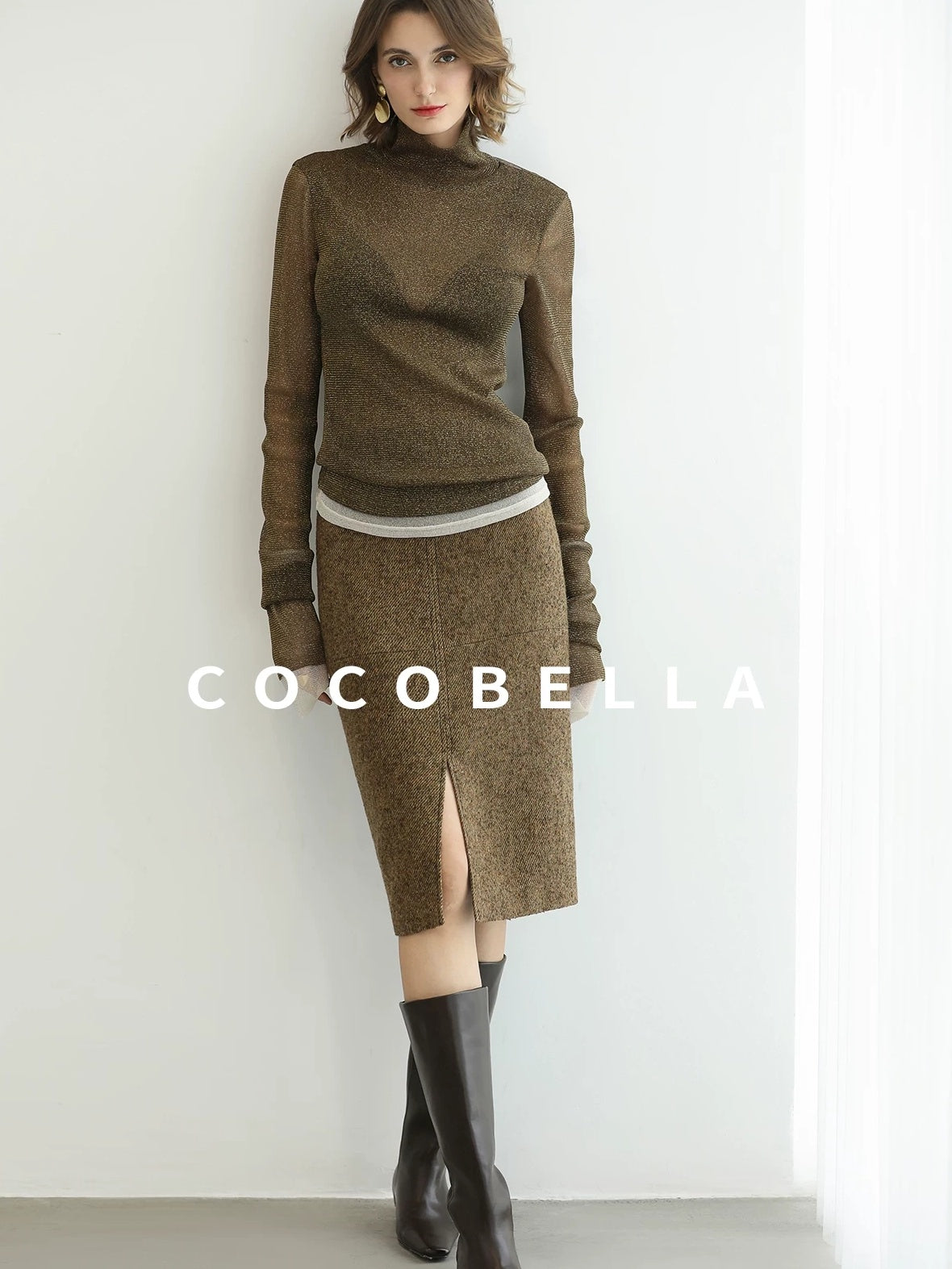 COCOBELLA Wool Blend Tailored Mid Rise Midi Straight H Line Front Slit Office Women Skirts