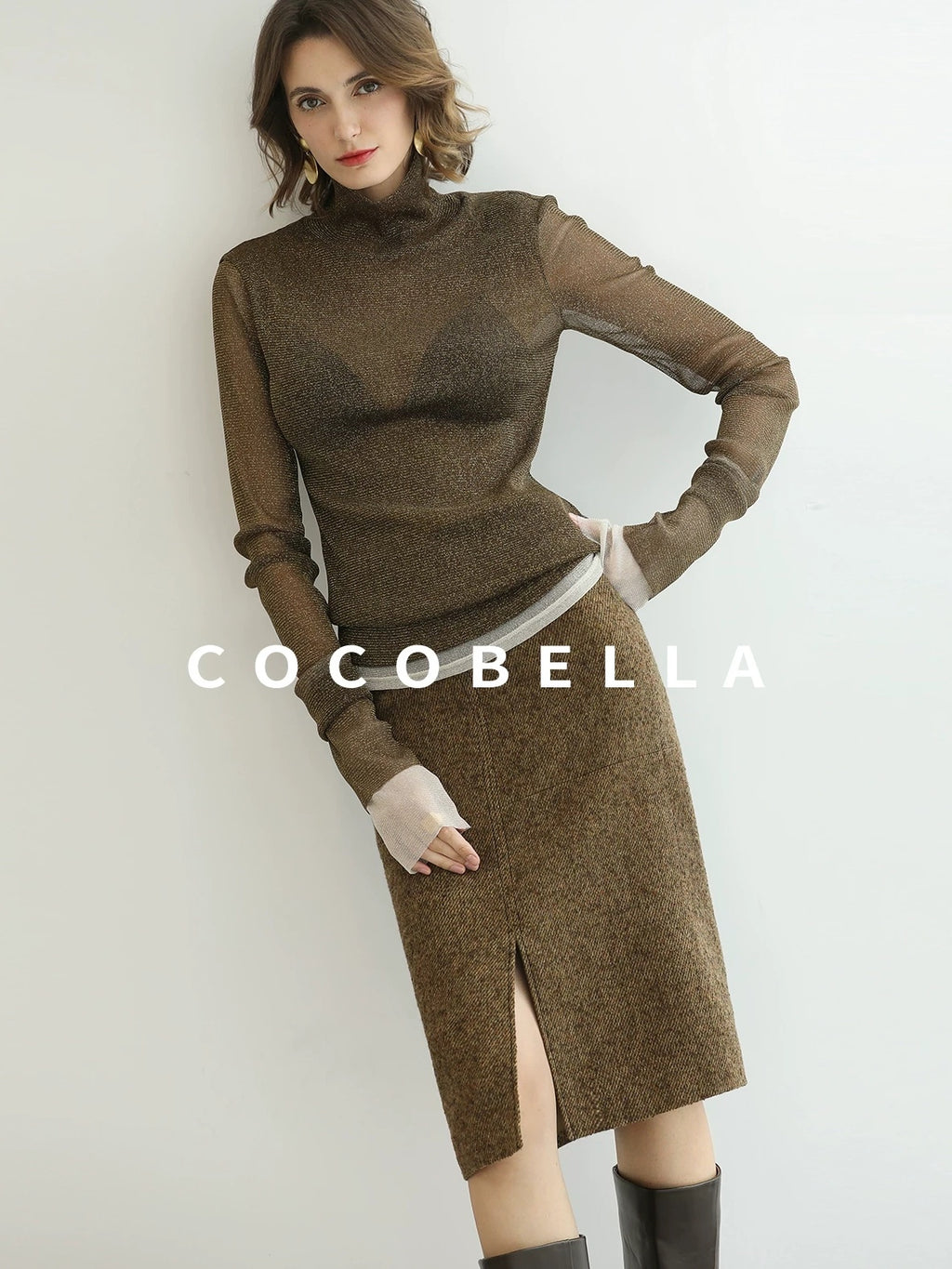 COCOBELLA Wool Blend Tailored Mid Rise Midi Straight H Line Front Slit Office Women Skirts