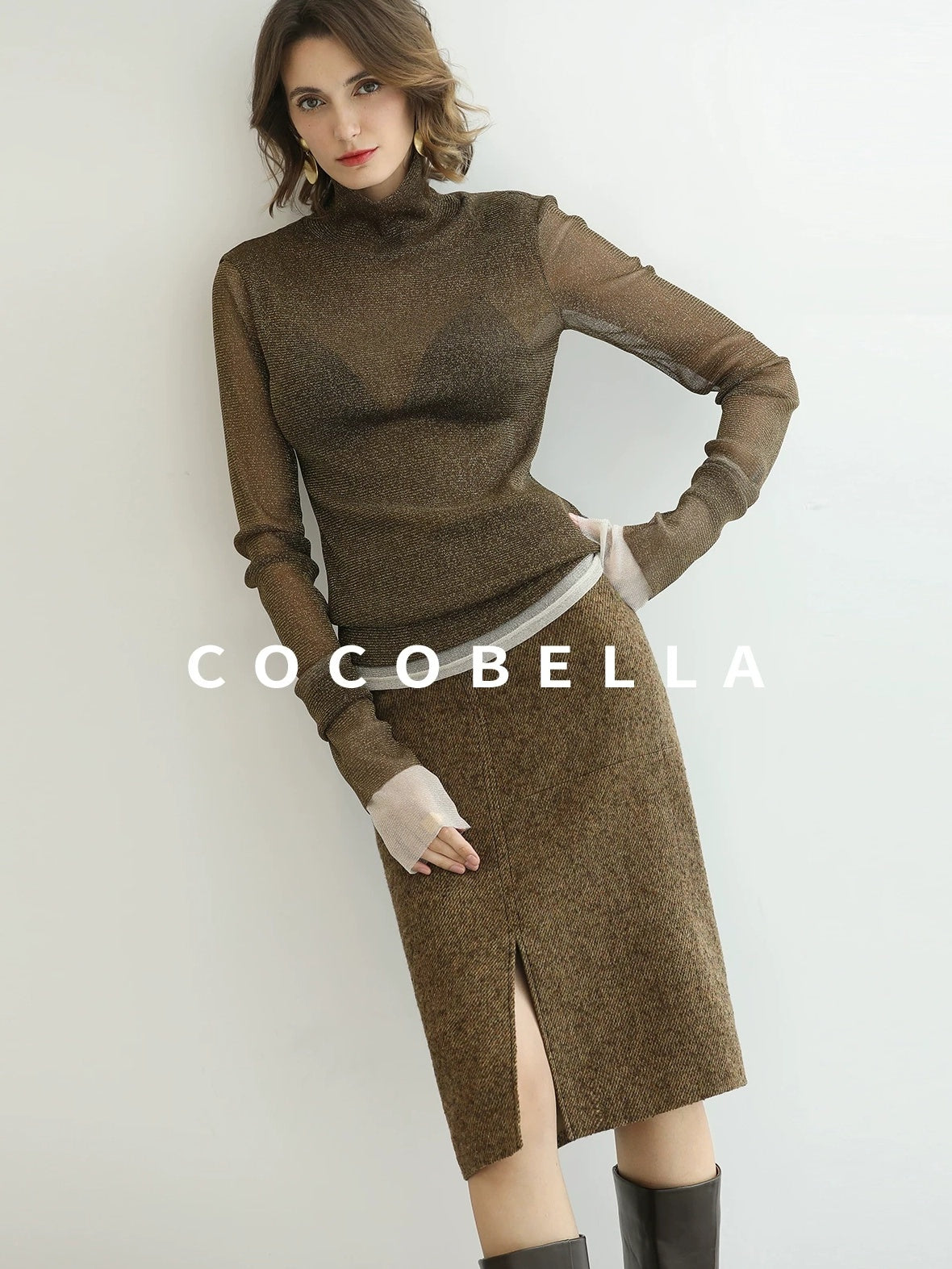 COCOBELLA Wool Blend Tailored Mid Rise Midi Straight H Line Front Slit Office Women Skirts