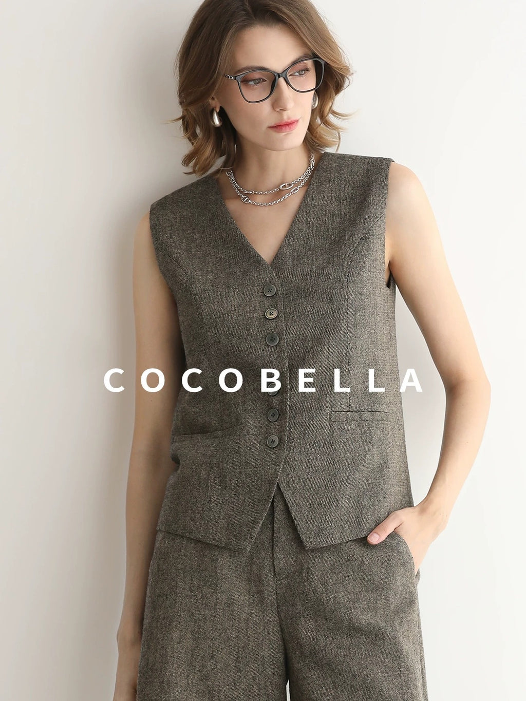 COCOBELLA Wool Blend V Neck Single Breasted Tailored Office Commuter Blazer Vest