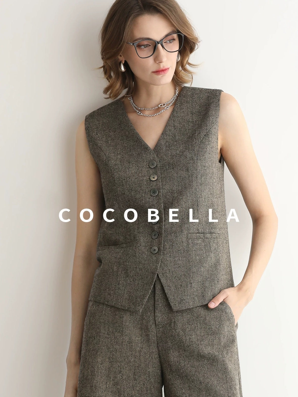 COCOBELLA Wool Blend V Neck Single Breasted Tailored Office Commuter Blazer Vest