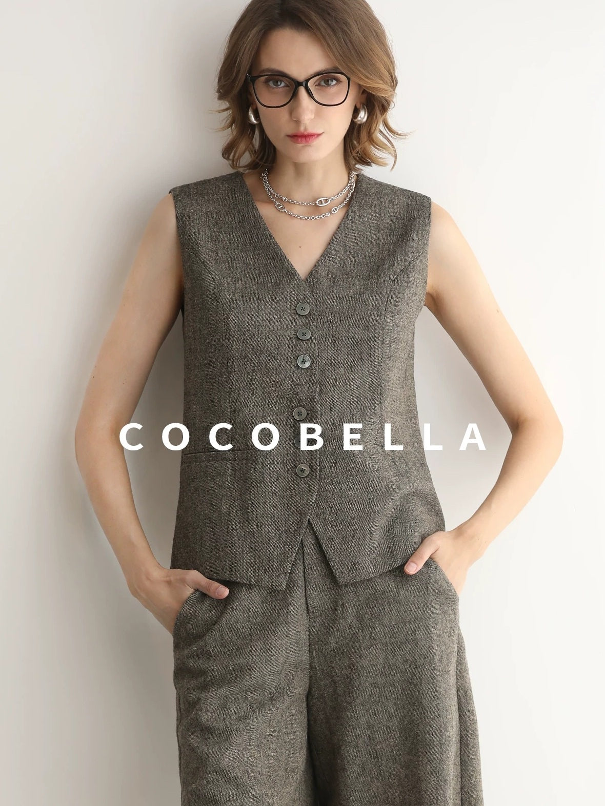 COCOBELLA Wool Blend V Neck Single Breasted Tailored Office Commuter Blazer Vest