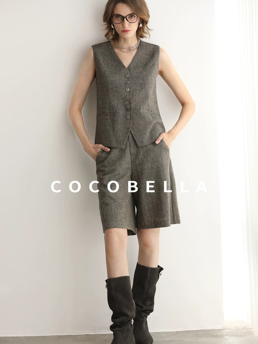COCOBELLA Wool Blend V Neck Single Breasted Tailored Office Commuter Blazer Vest
