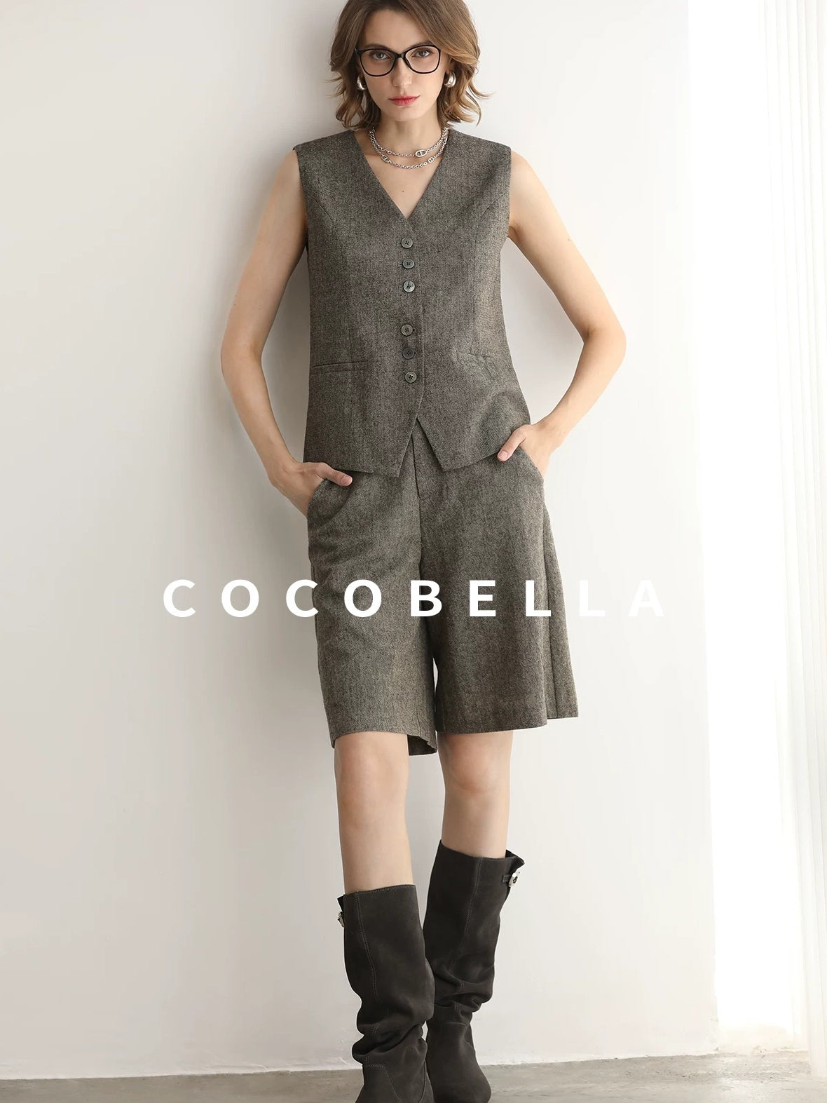 COCOBELLA Wool Blend V Neck Single Breasted Tailored Office Commuter Blazer Vest