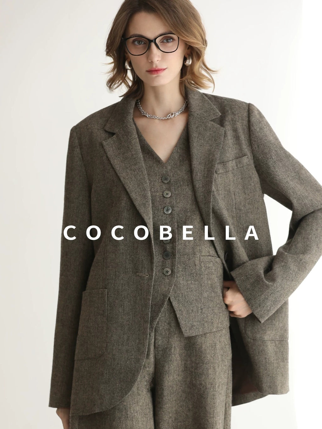 COCOBELLA Wool Blend V Neck Single Breasted Tailored Office Commuter Blazer Vest