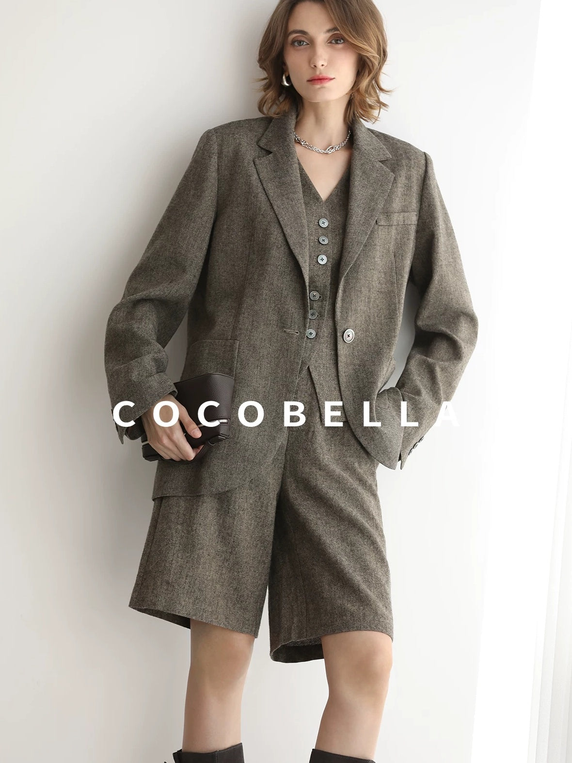 COCOBELLA Wool Blend V Neck Single Breasted Tailored Office Commuter Blazer Vest