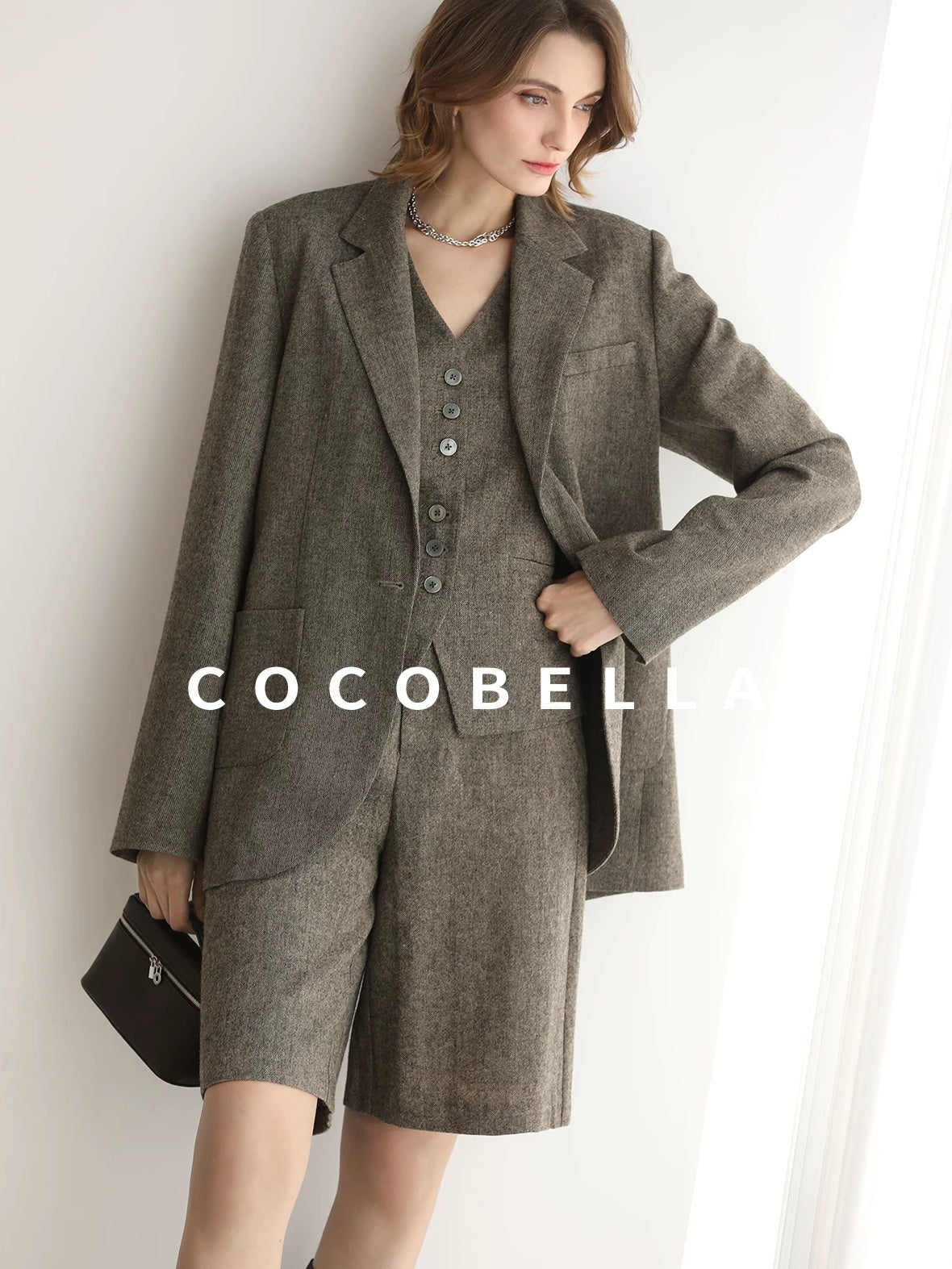 COCOBELLA Wool Blend V Neck Single Breasted Tailored Office Commuter Blazer Vest