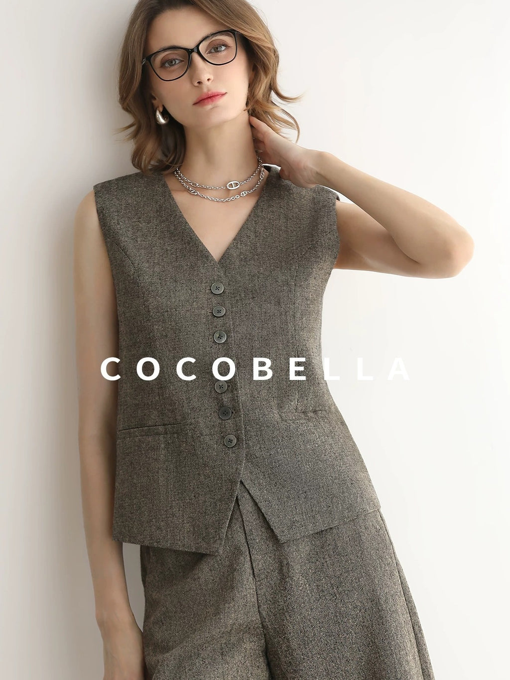 COCOBELLA Wool Blend V Neck Single Breasted Tailored Office Commuter Blazer Vest