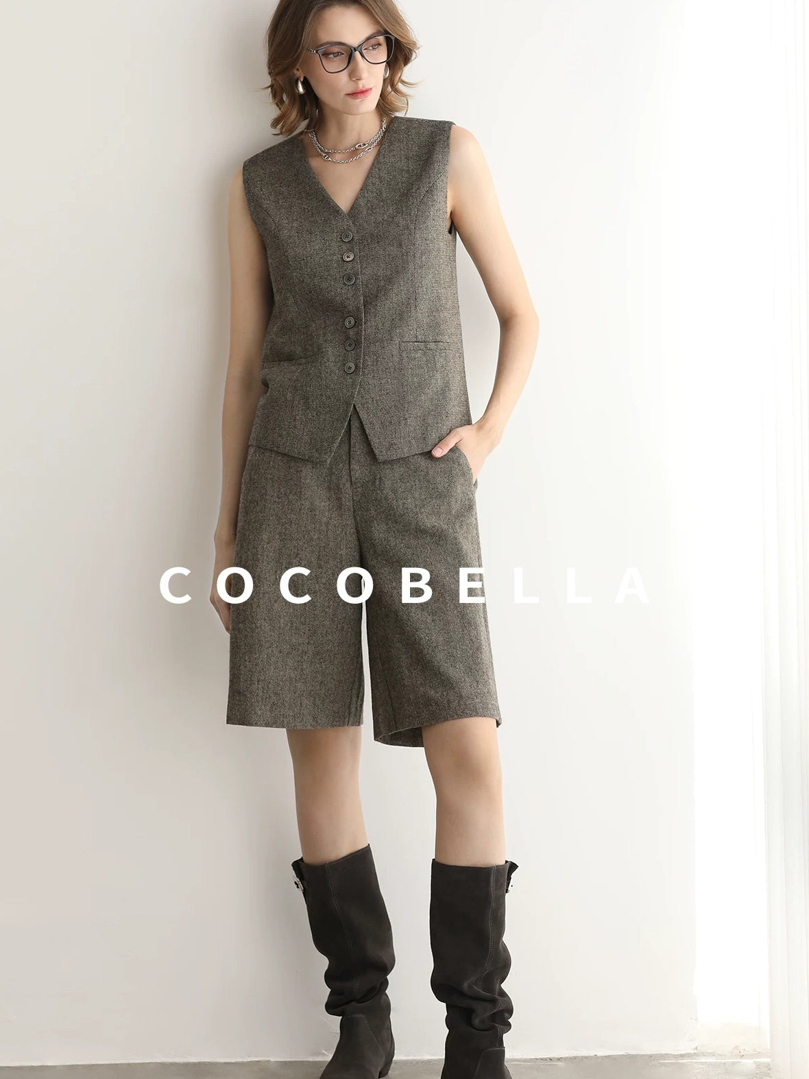 COCOBELLA Wool Blend V Neck Single Breasted Tailored Office Commuter Blazer Vest