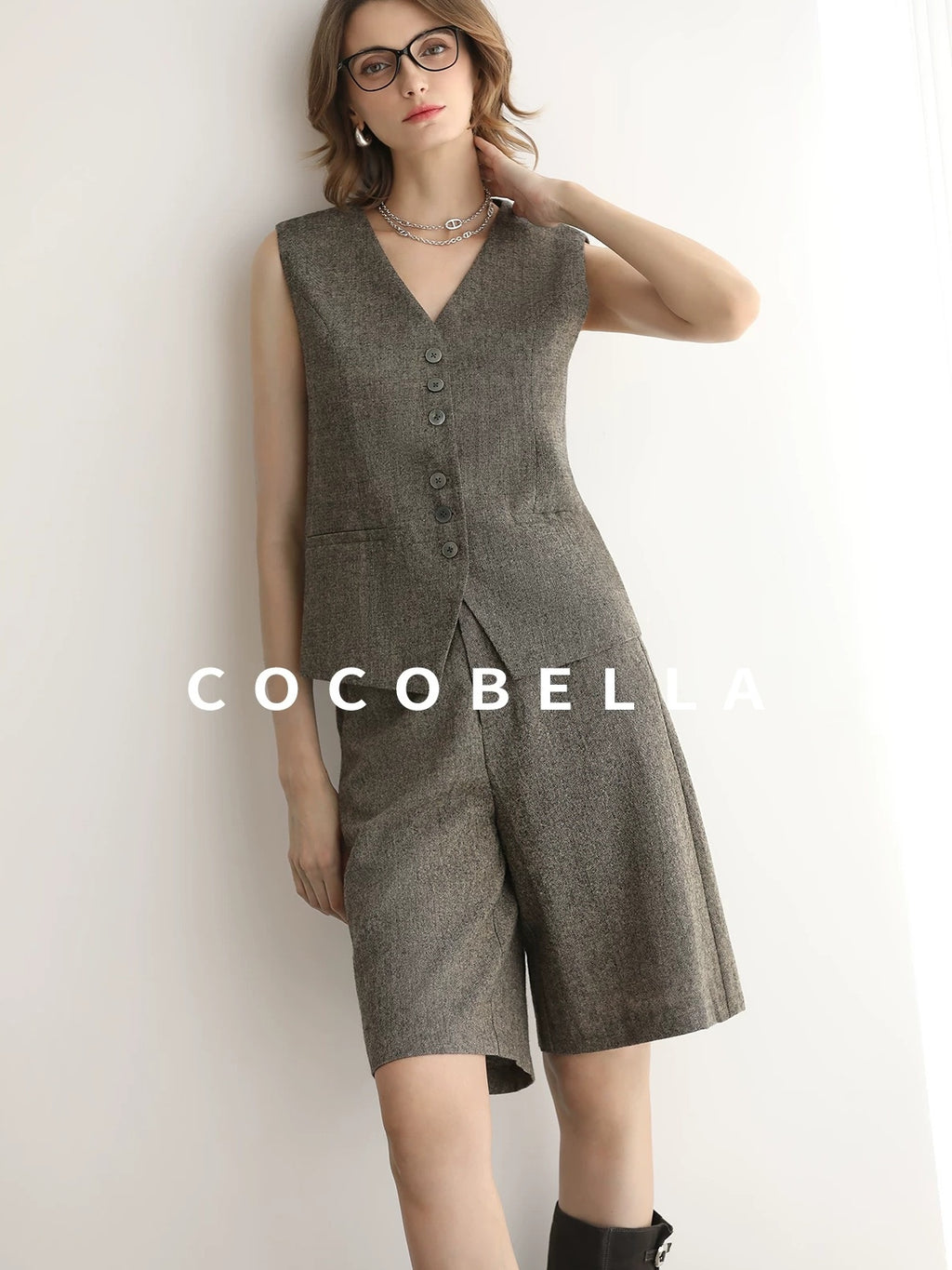 COCOBELLA Wool Blend V Neck Single Breasted Tailored Office Commuter Blazer Vest
