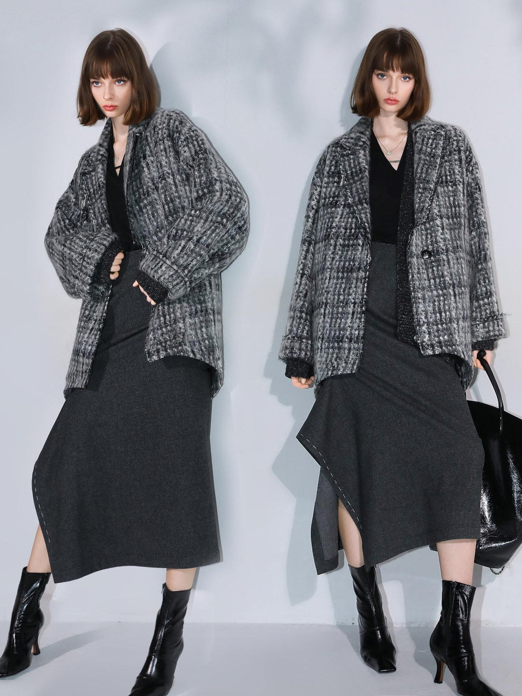 COCOBELLA Wool Blend Vintage Commuter Straight Cut Checked Blazer Collar Overcoat Jackets