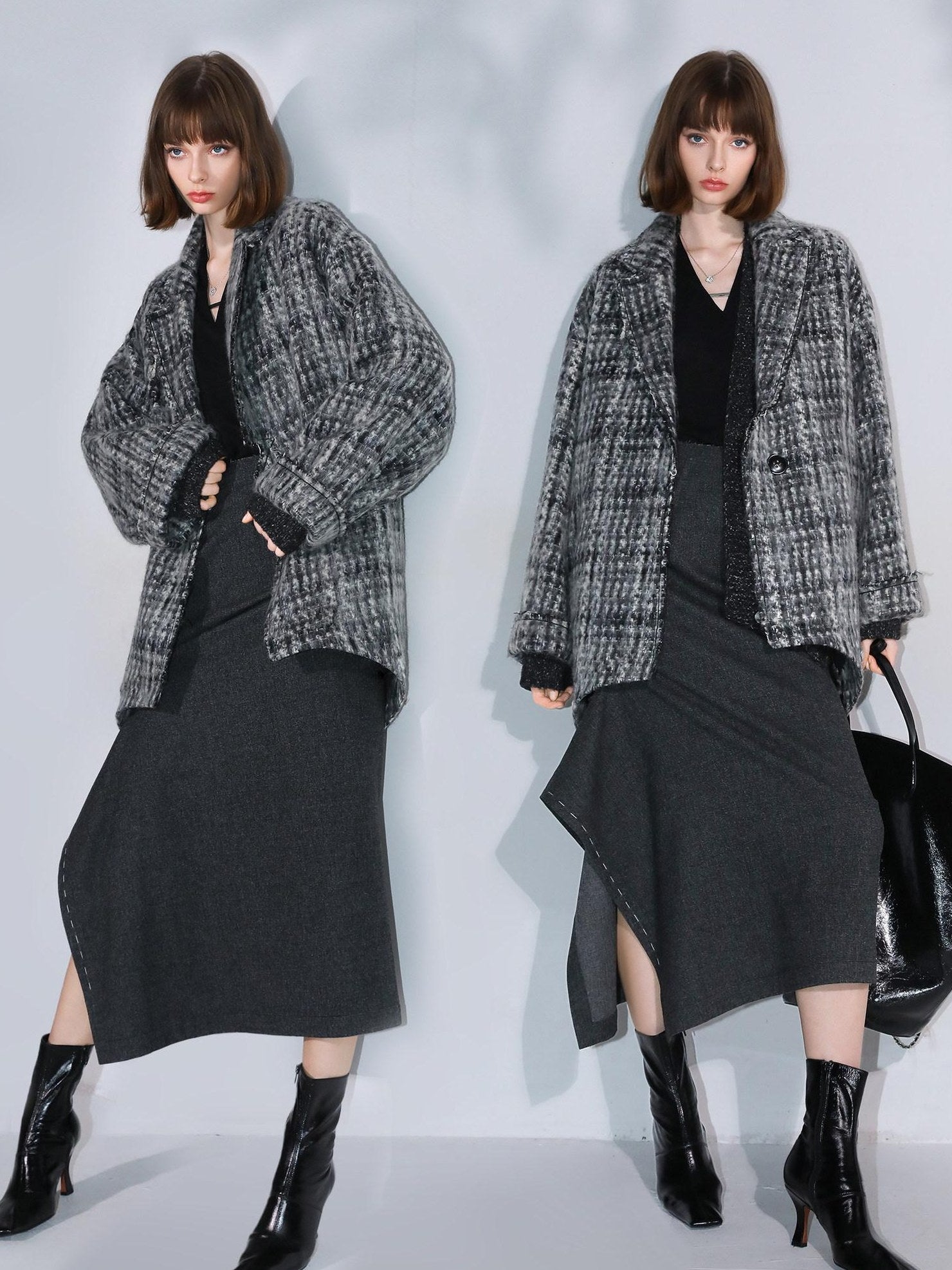 COCOBELLA Wool Blend Vintage Commuter Straight Cut Checked Blazer Collar Overcoat Jackets