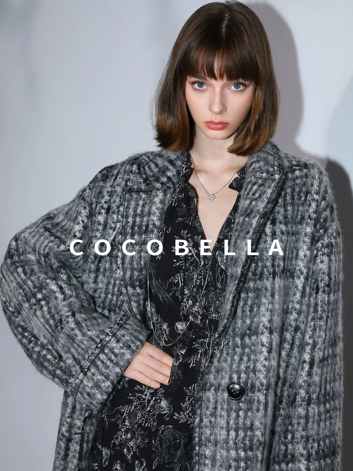 COCOBELLA Wool Blend Vintage Commuter Straight Cut Checked Blazer Collar Overcoat Jackets