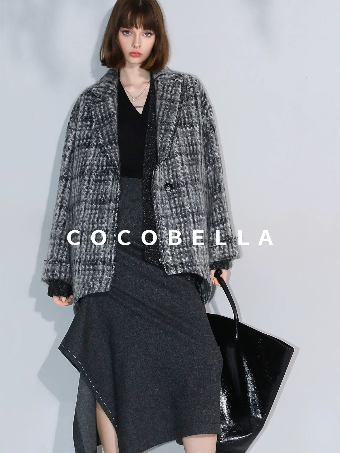 COCOBELLA Wool Blend Vintage Commuter Straight Cut Checked Blazer Collar Overcoat Jackets