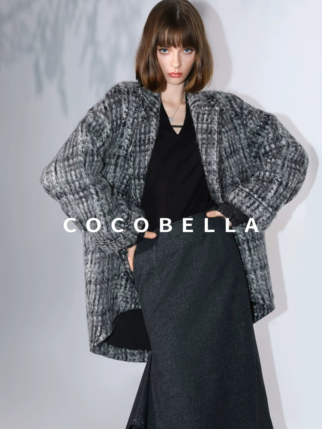 COCOBELLA Wool Blend Vintage Commuter Straight Cut Checked Blazer Collar Overcoat Jackets