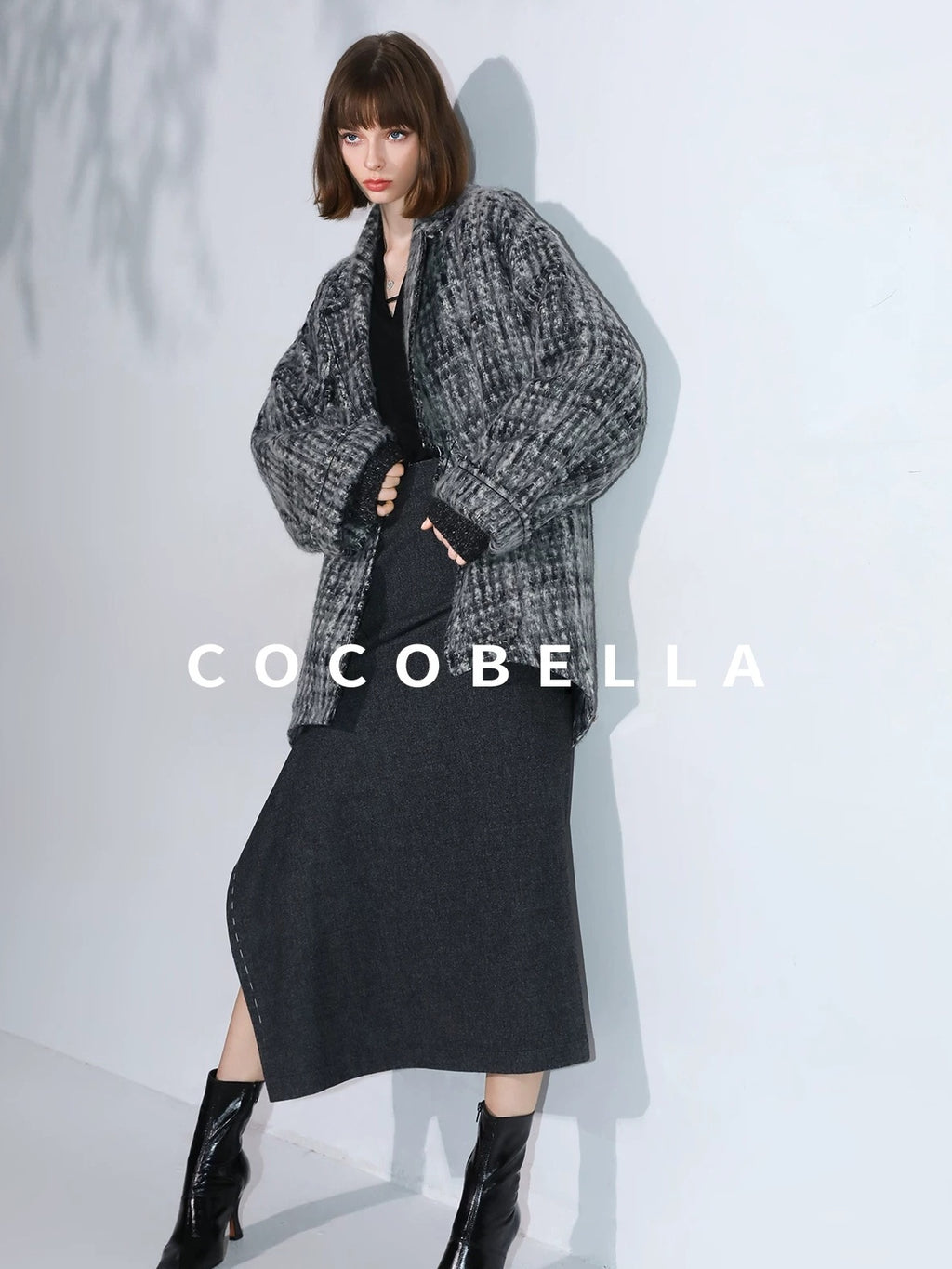 COCOBELLA Wool Blend Vintage Commuter Straight Cut Checked Blazer Collar Overcoat Jackets
