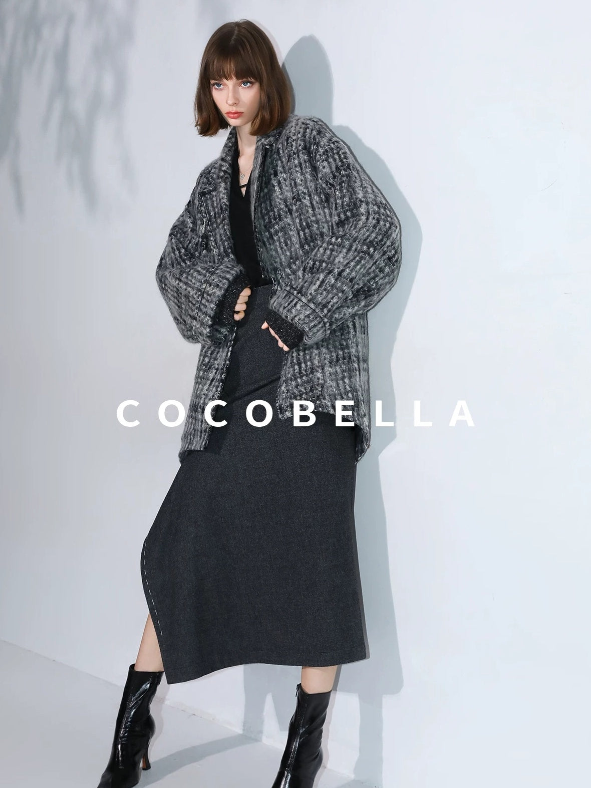 COCOBELLA Wool Blend Vintage Commuter Straight Cut Checked Blazer Collar Overcoat Jackets
