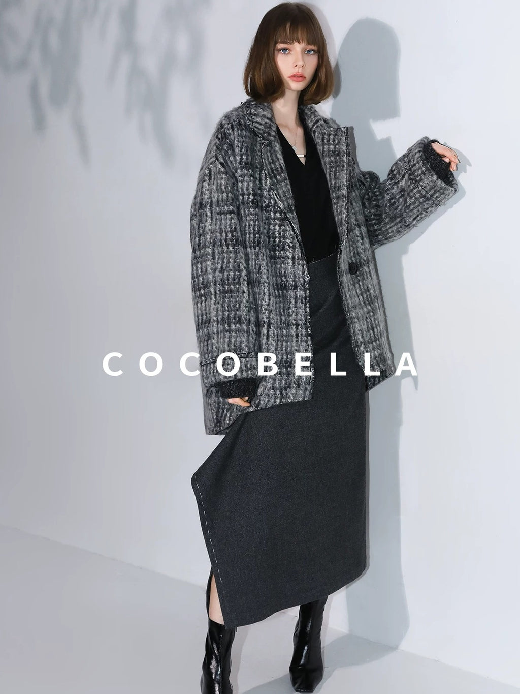 COCOBELLA Wool Blend Vintage Commuter Straight Cut Checked Blazer Collar Overcoat Jackets
