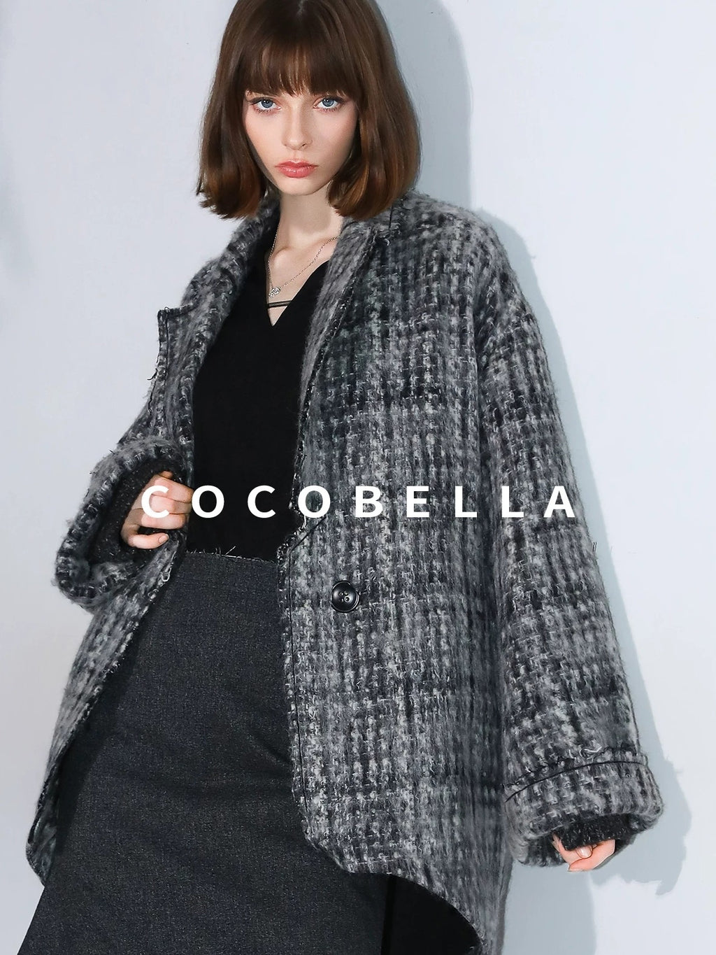 COCOBELLA Wool Blend Vintage Commuter Straight Cut Checked Blazer Collar Overcoat Jackets