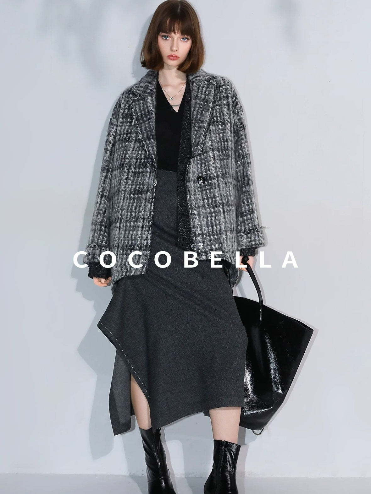 COCOBELLA Wool Blend Vintage Commuter Straight Cut Checked Blazer Collar Overcoat Jackets