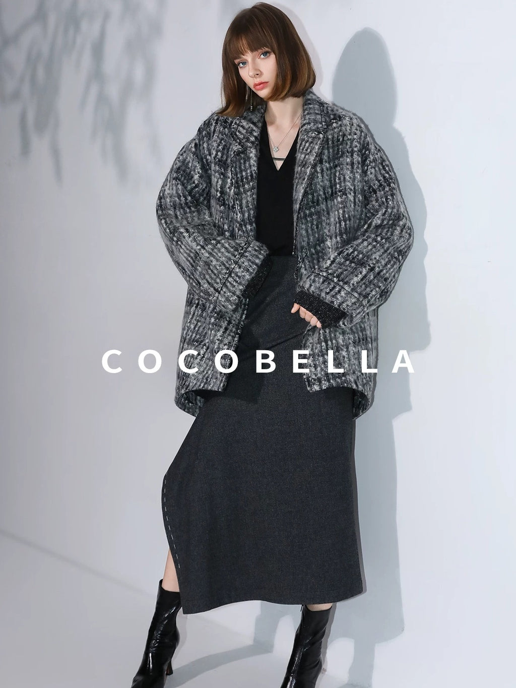 COCOBELLA Wool Blend Vintage Commuter Straight Cut Checked Blazer Collar Overcoat Jackets