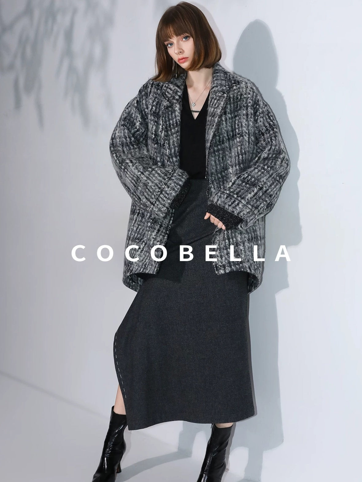 COCOBELLA Wool Blend Vintage Commuter Straight Cut Checked Blazer Collar Overcoat Jackets