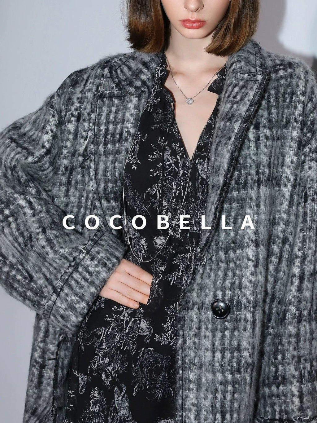 COCOBELLA Wool Blend Vintage Commuter Straight Cut Checked Blazer Collar Overcoat Jackets