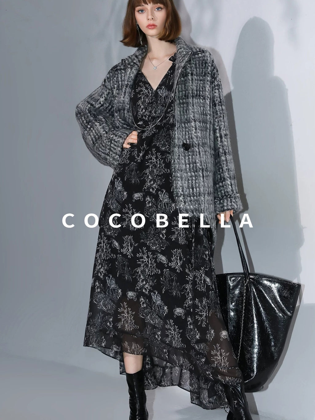 COCOBELLA Wool Blend Vintage Commuter Straight Cut Checked Blazer Collar Overcoat Jackets