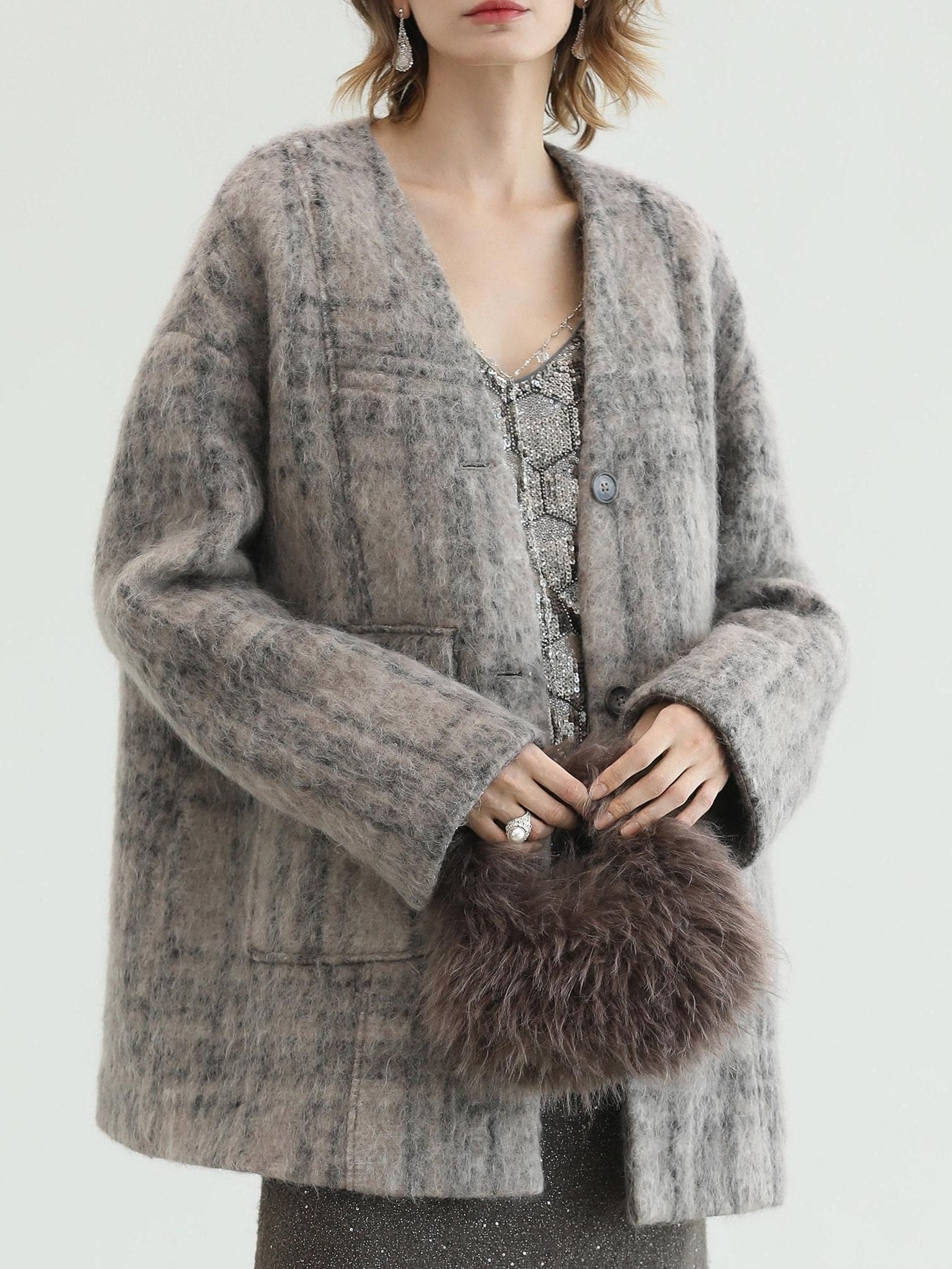 COCOBELLA Wool Blend Vintage Straight Mid Length Women Single Breasted Plaid Coats