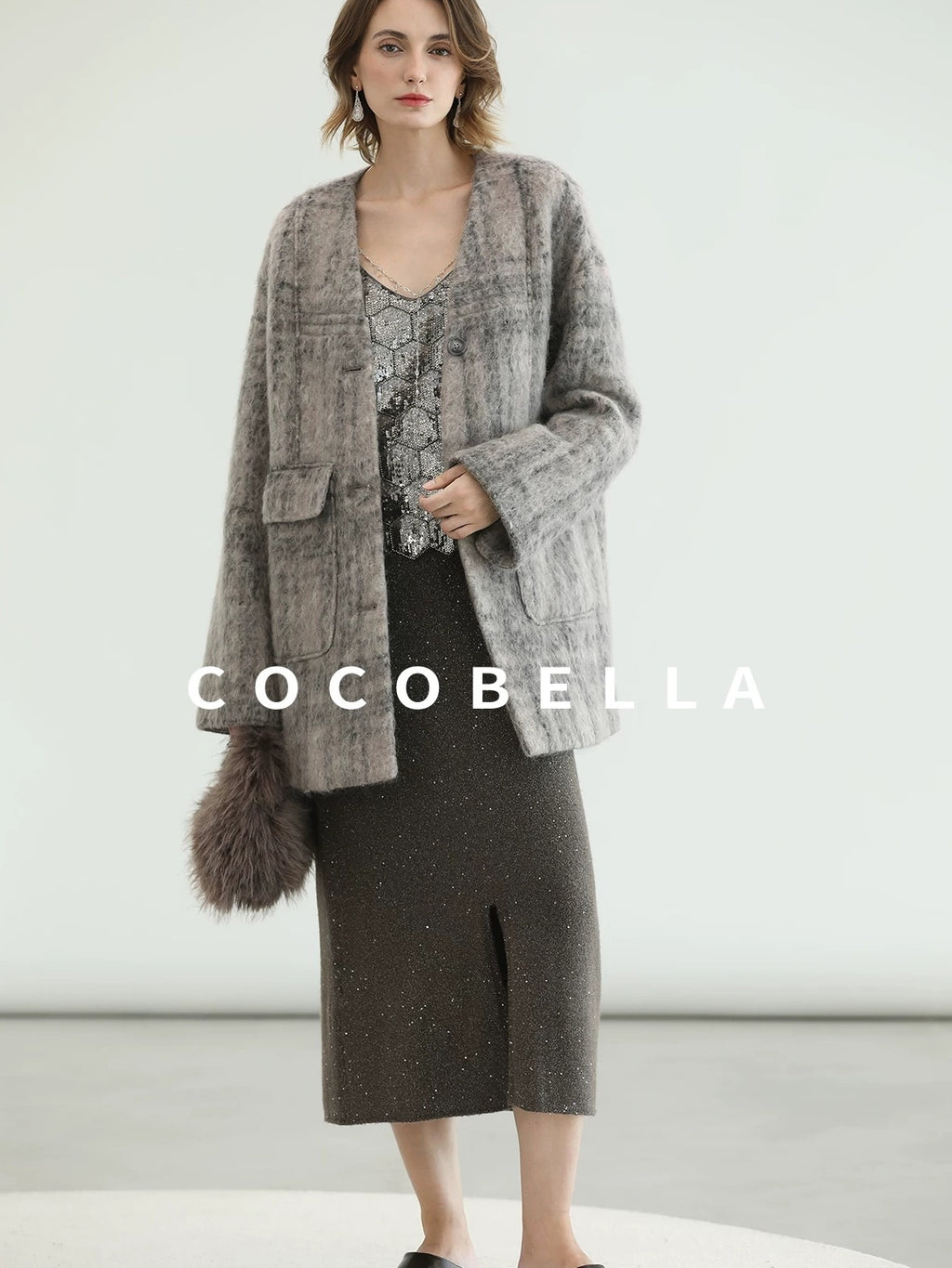 COCOBELLA Wool Blend Vintage Straight Mid Length Women Single Breasted Plaid Coats