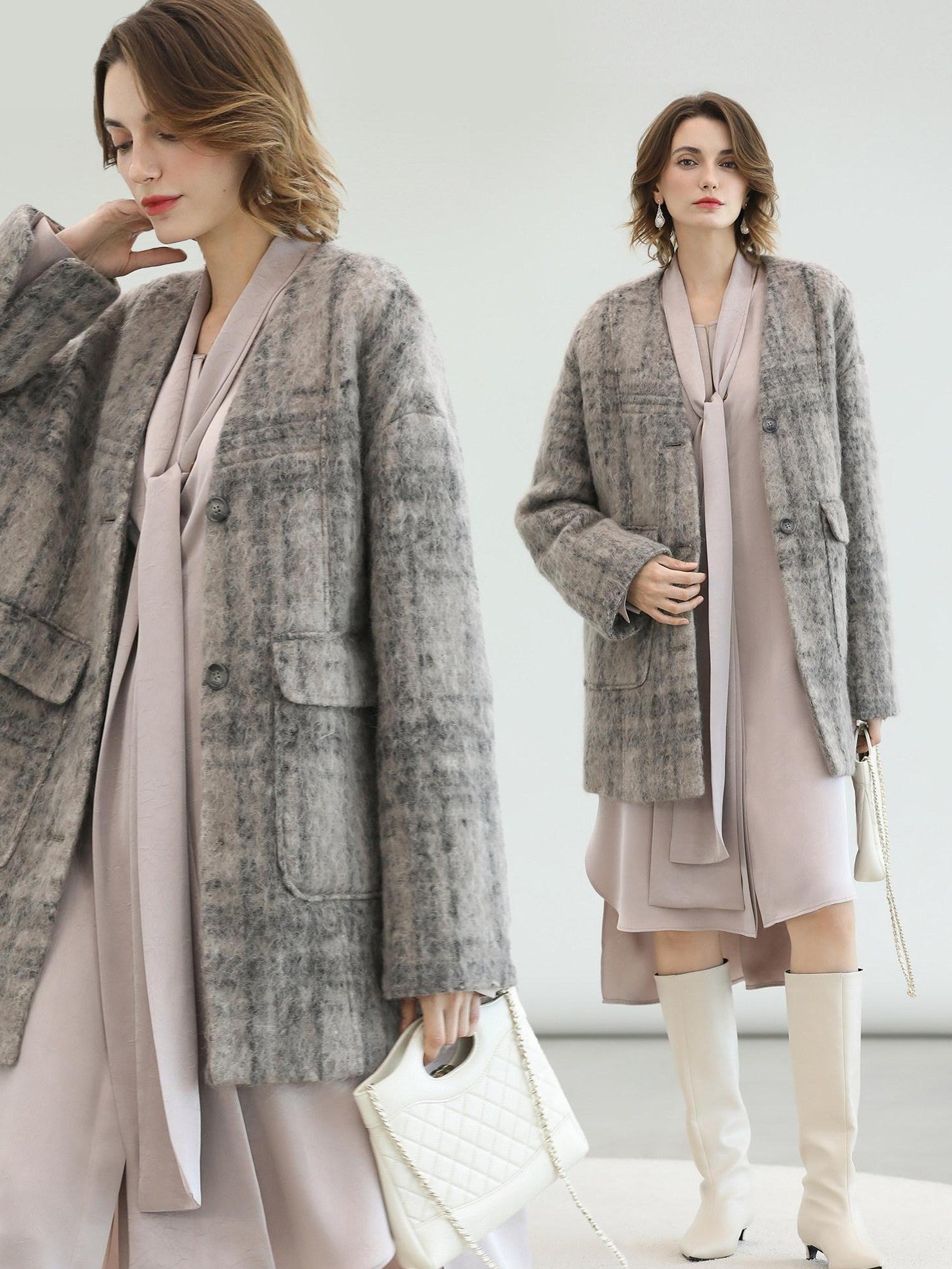 COCOBELLA Wool Blend Vintage Straight Mid Length Women Single Breasted Plaid Coats