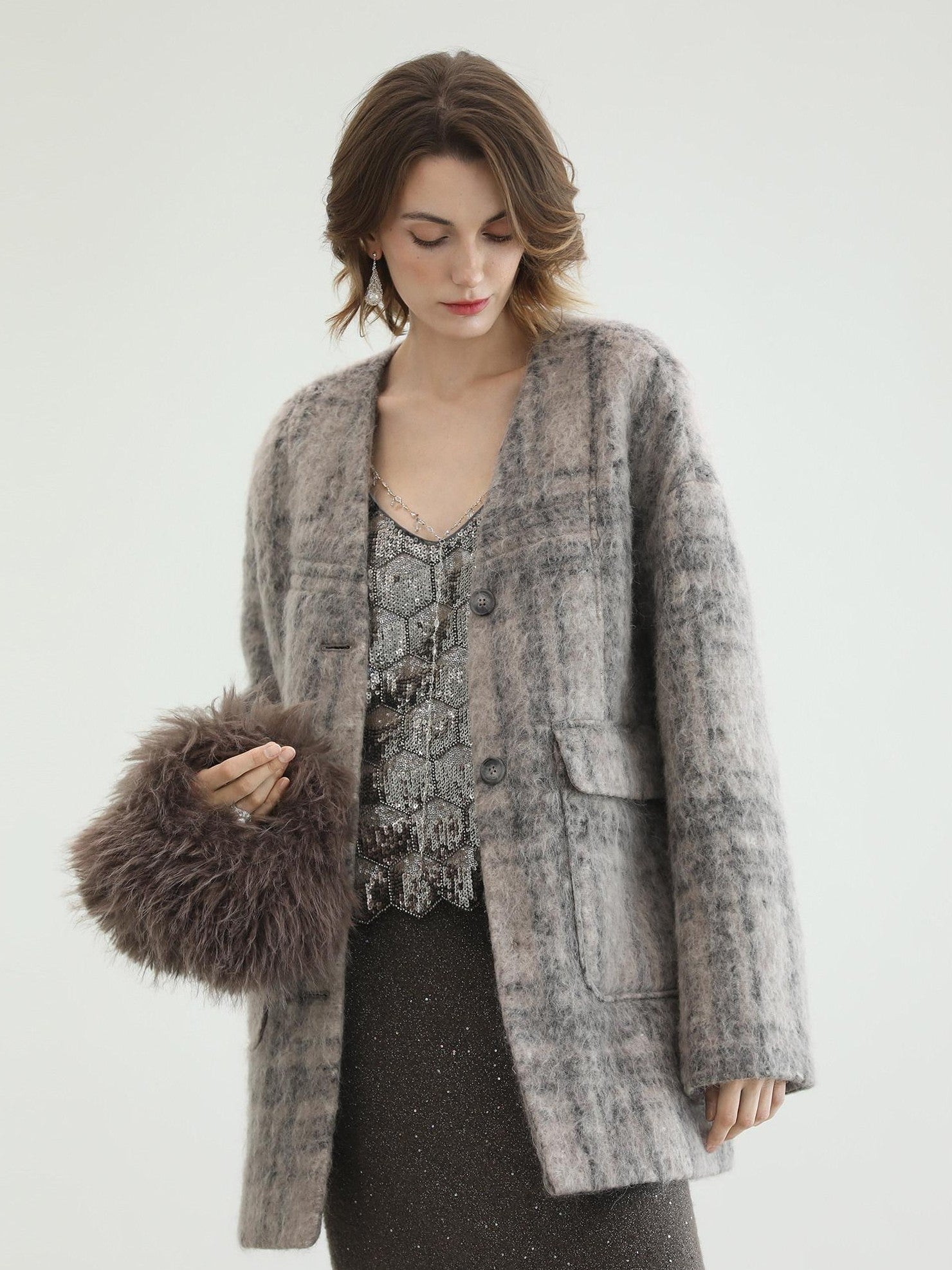 COCOBELLA Wool Blend Vintage Straight Mid Length Women Single Breasted Plaid Coats