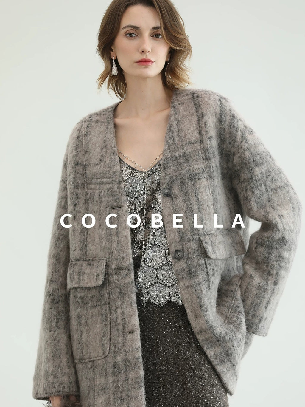COCOBELLA Wool Blend Vintage Straight Mid Length Women Single Breasted Plaid Coats