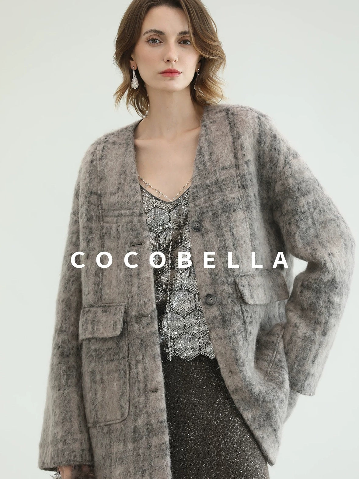 COCOBELLA Wool Blend Vintage Straight Mid Length Women Single Breasted Plaid Coats