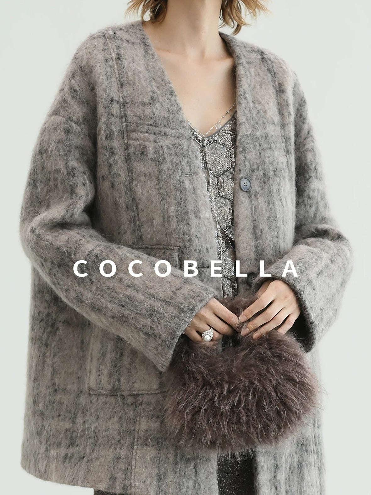 COCOBELLA Wool Blend Vintage Straight Mid Length Women Single Breasted Plaid Coats