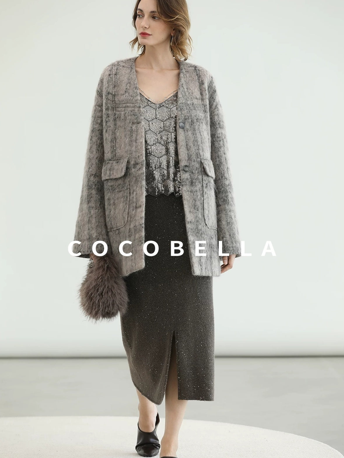 COCOBELLA Wool Blend Vintage Straight Mid Length Women Single Breasted Plaid Coats