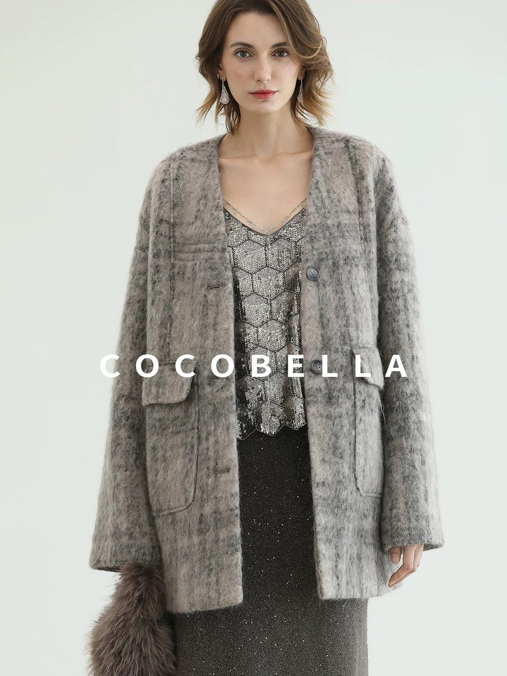 COCOBELLA Wool Blend Vintage Straight Mid Length Women Single Breasted Plaid Coats