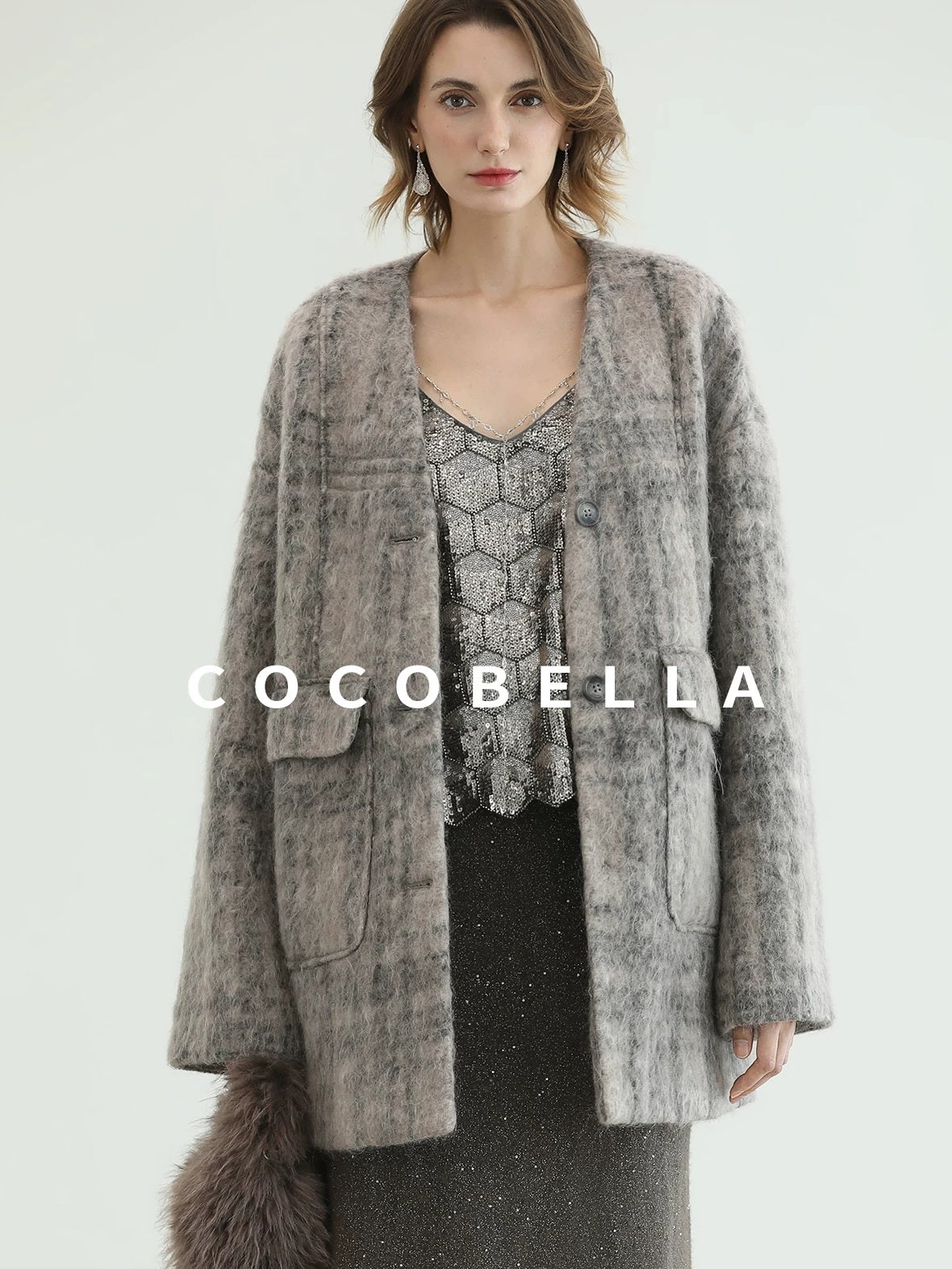 COCOBELLA Wool Blend Vintage Straight Mid Length Women Single Breasted Plaid Coats