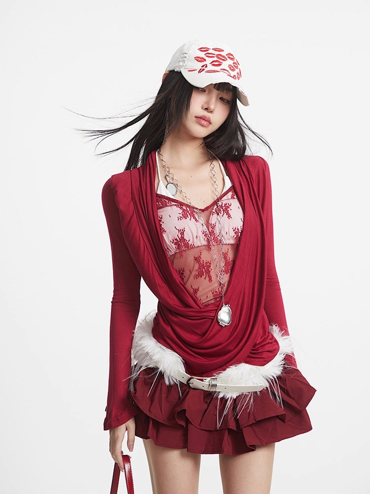 UNCMHISEX_Cute_Lace_Trim_V_Neck_Slim_Fit_Long_Sleeve_Women_Solid_Cross_Print_Blouse_MISSTT