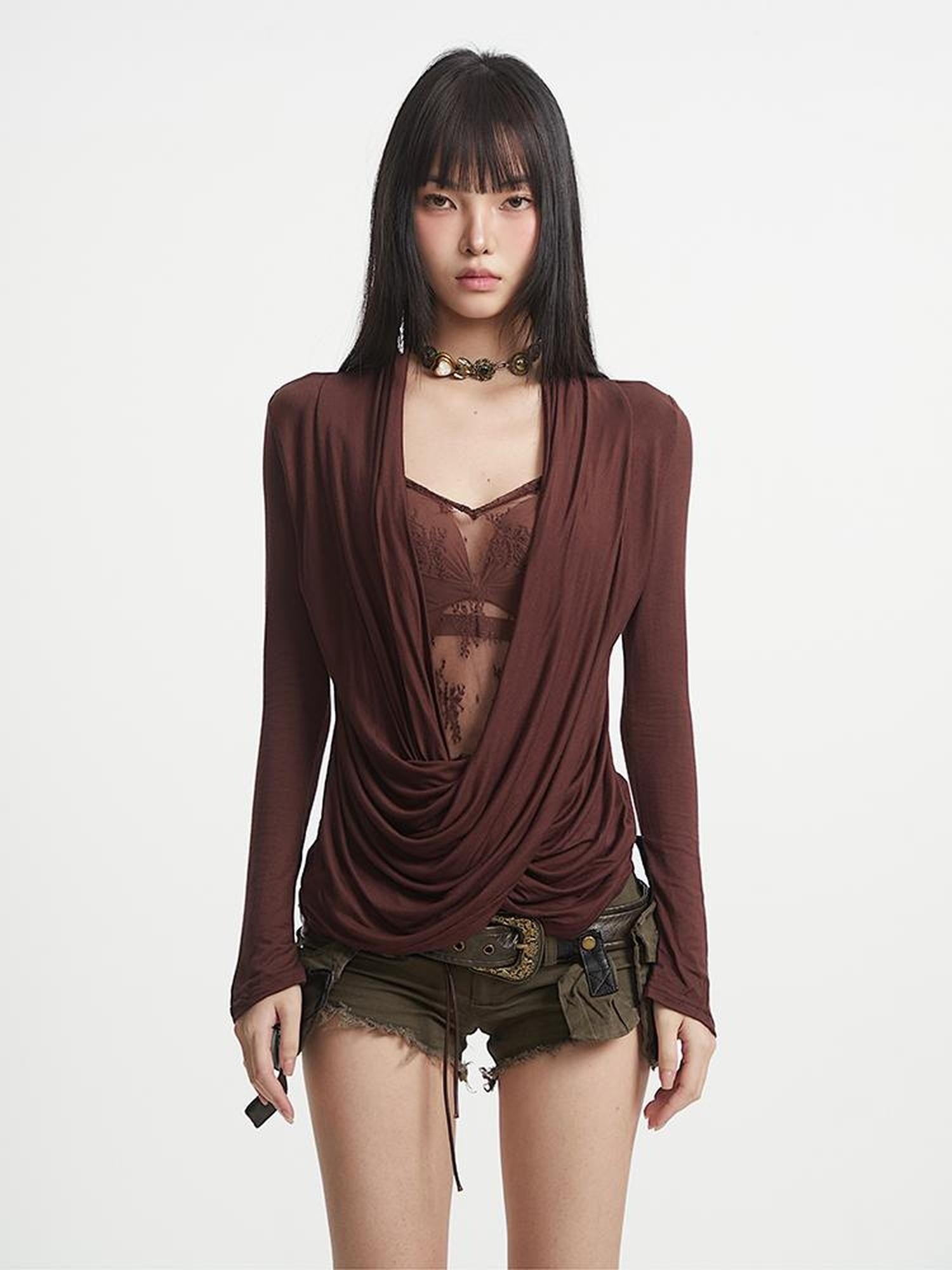 UNCMHISEX Cute Lace Trim V Neck Slim Fit Long Sleeve Women Solid Cross Print Blouse