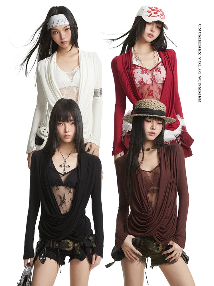 Cute Lace Trim V Neck Slim Fit Long Sleeve Women Solid Cross Print Blouse