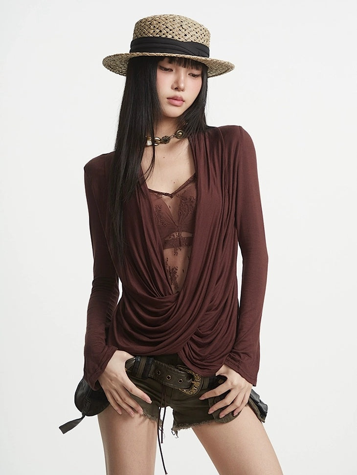 UNCMHISEX Cute Lace Trim V Neck Slim Fit Long Sleeve Women Solid Cross Print Blouse