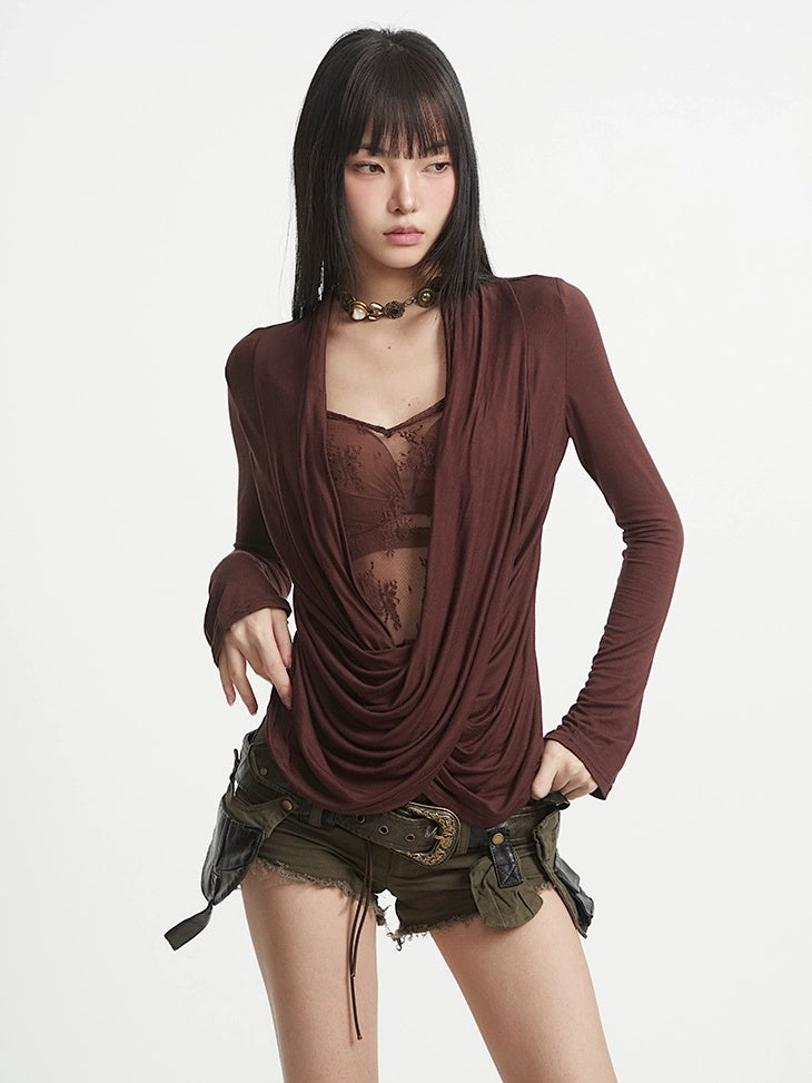 UNCMHISEX Cute Lace Trim V Neck Slim Fit Long Sleeve Women Solid Cross Print Blouse