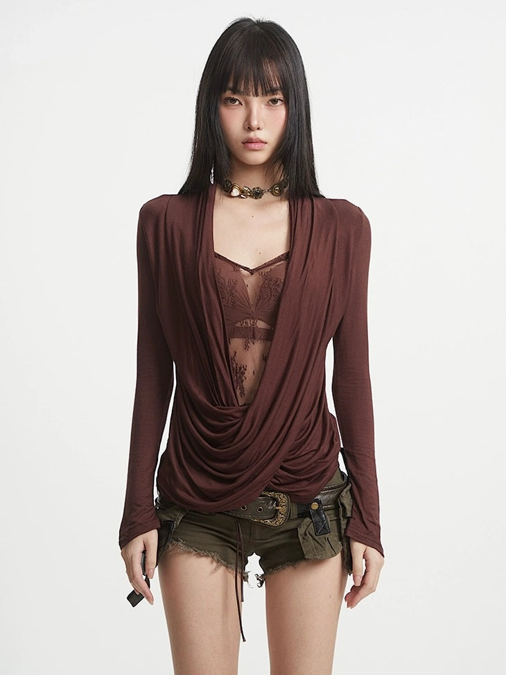 UNCMHISEX Cute Lace Trim V Neck Slim Fit Long Sleeve Women Solid Cross Print Blouse