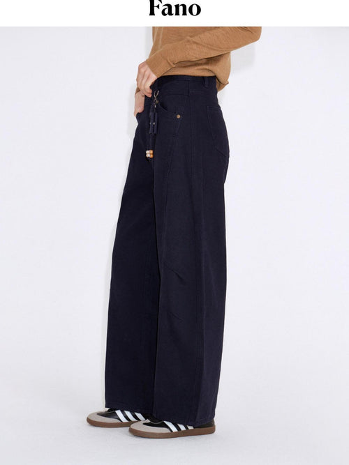 fano 100 Percent Cotton Casual Navy Natural Waist Womens Wide Leg Jeans